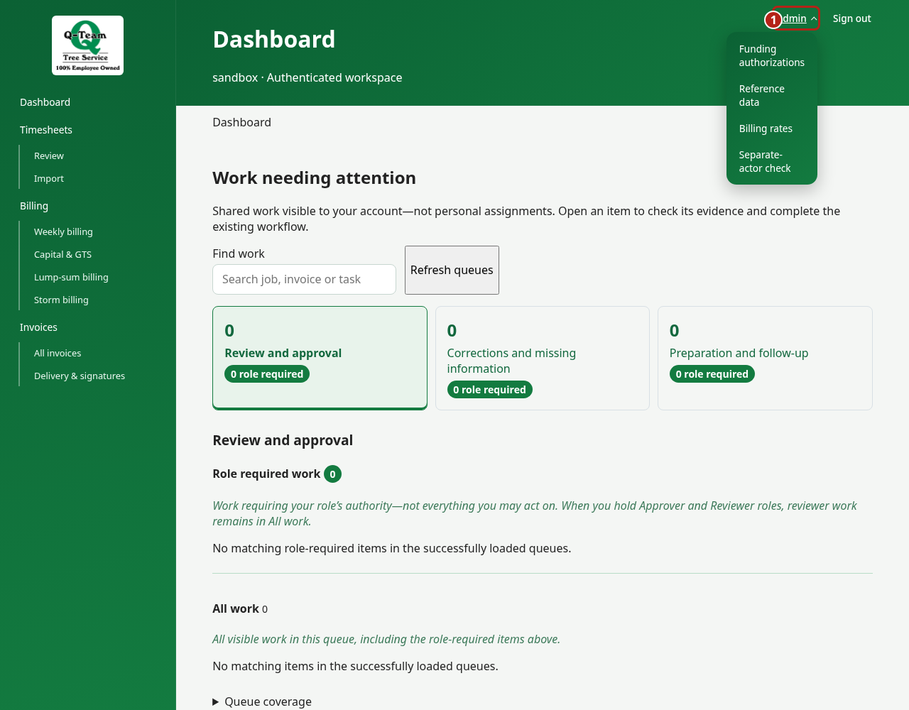 Admin menu open with Funding authorizations, Reference data and Billing rates.