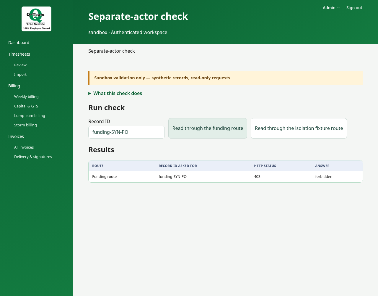 Sandbox separate-actor diagnostic with Run check and Results.