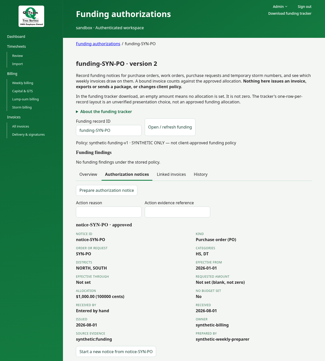 Funding authorization notices in their own record view.