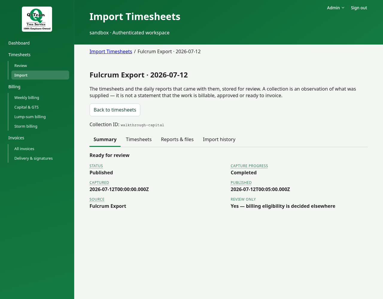 Opened collection with source details and captured record counts.