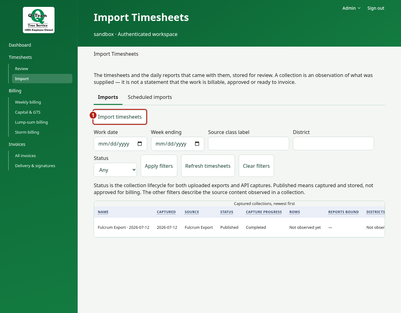 Import page showing filters and the marked Import timesheets button.