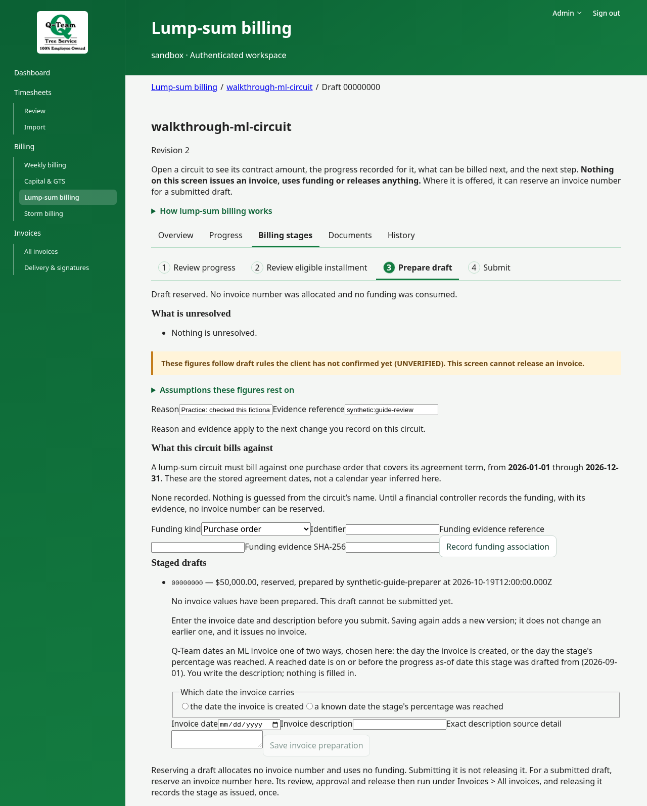Staged draft showing invoice preparation fields and actions.