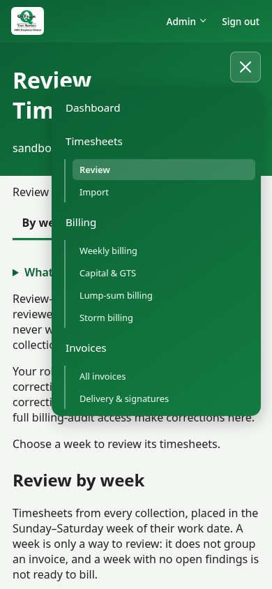 Phone view with Main menu open and the Timesheets, Billing and Invoices pages.