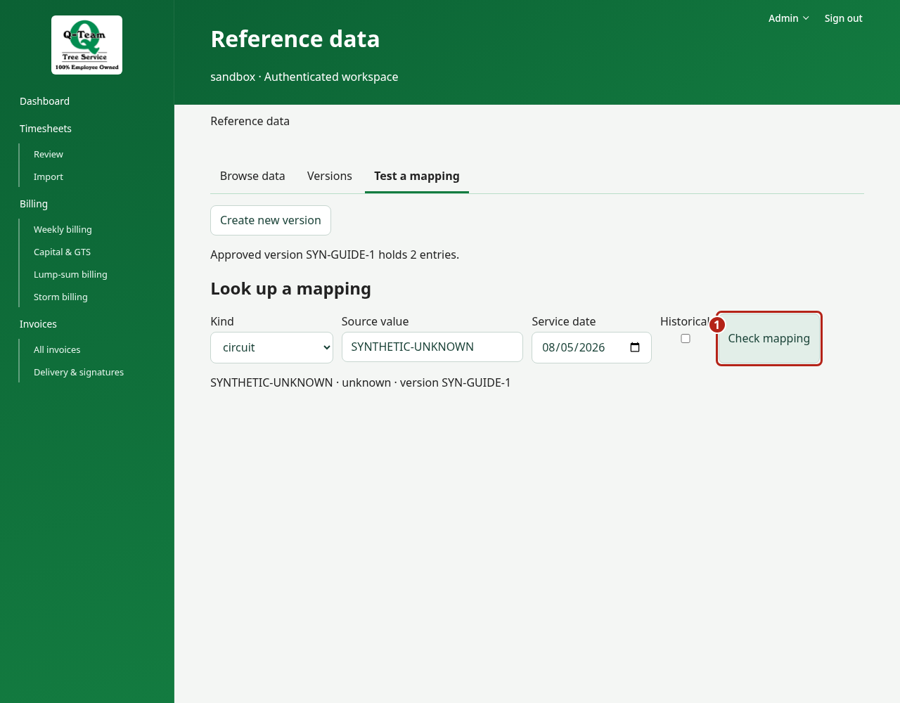 Look up a mapping form with a fictional unknown source value and the lookup result.