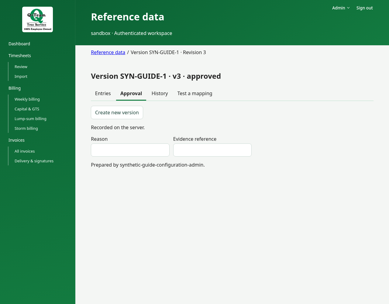 Reference-data version with Entries, Approval, History and Test a mapping views.