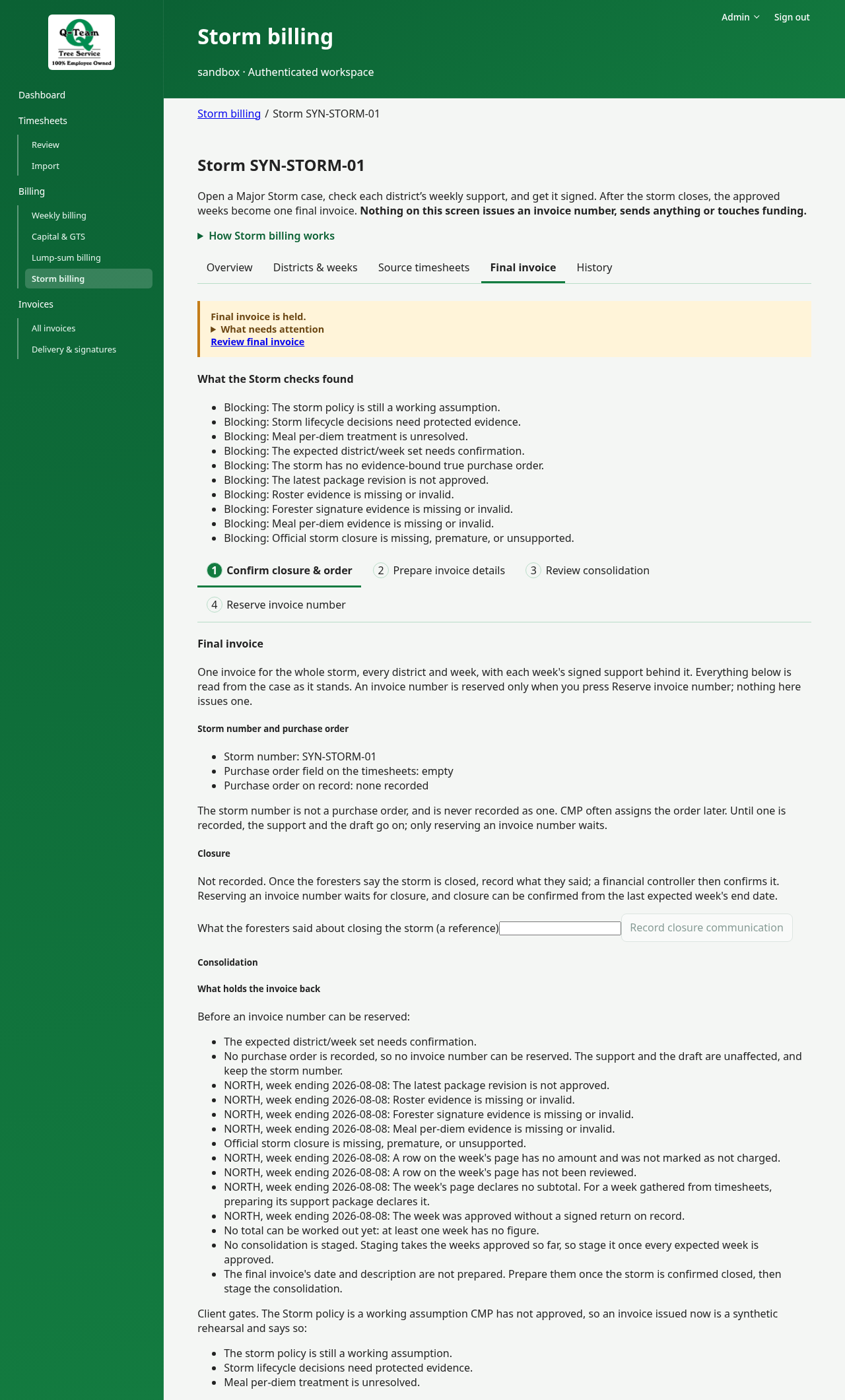 What holds the invoice back panel listing missing storm requirements.