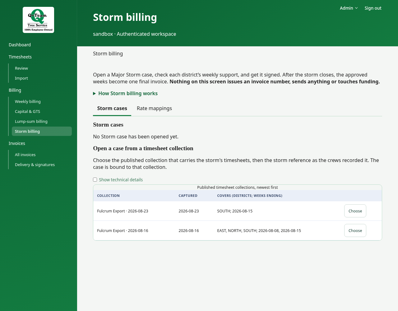 Storm billing page with case and collection controls.